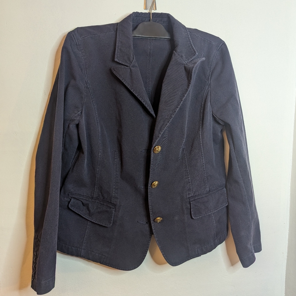Lands End Dark Navy Blue Denim blazer size 12 100% cotton